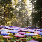 Colorful oversized mushrooms in magical forest setting