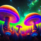 Luminescent Oversized Mushrooms in Otherworldly Forest