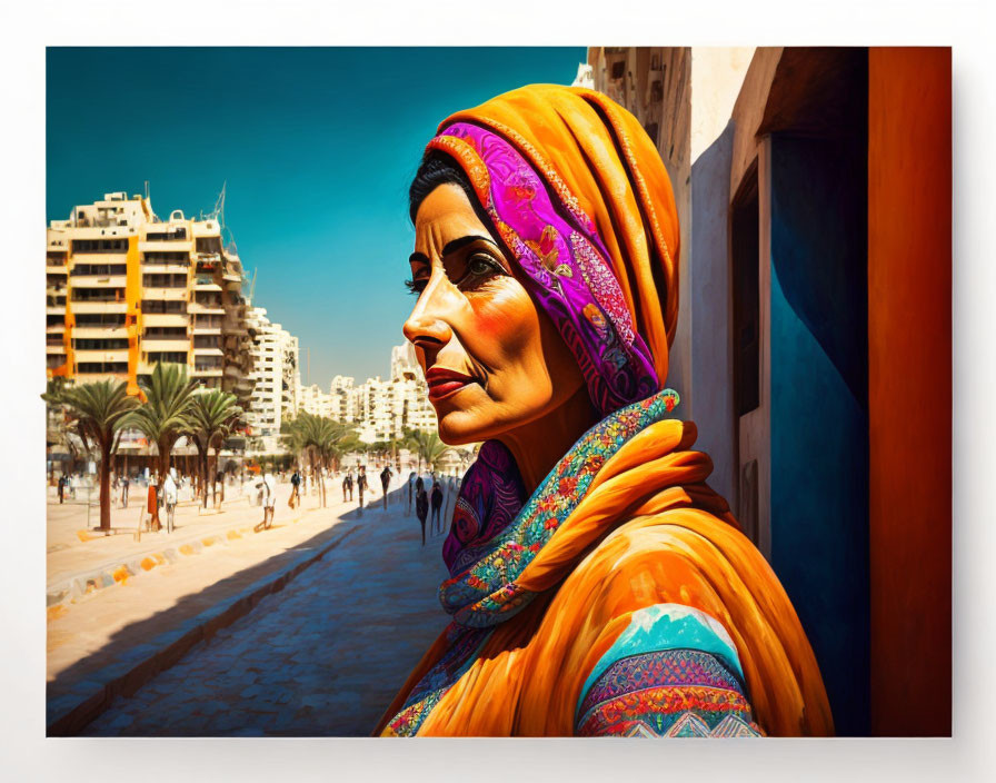 Colorful painting of woman in headscarf with cityscape background