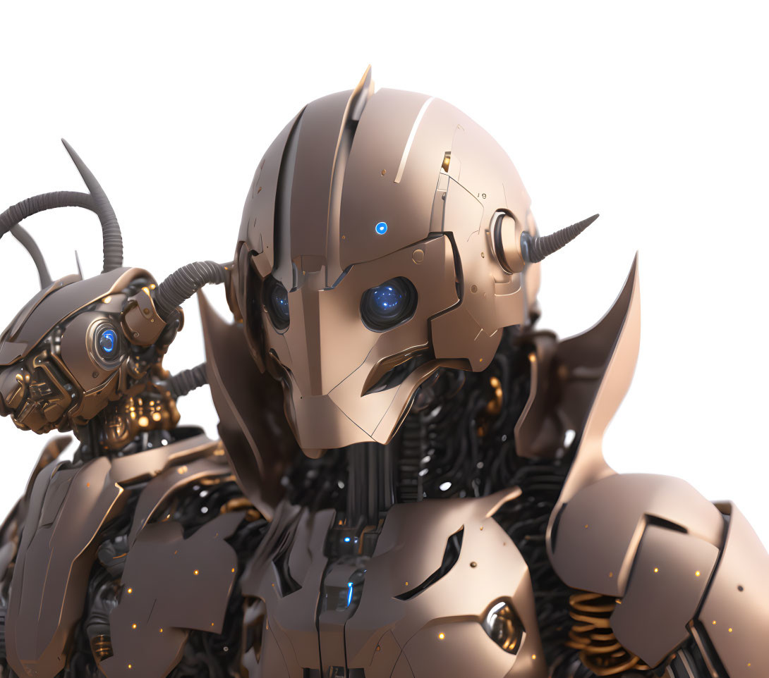 Detailed robotic heads with metallic plates and intricate designs, one with blue glowing eyes.
