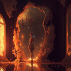 Solitary Figure in Ornate Amber-lit Cavern