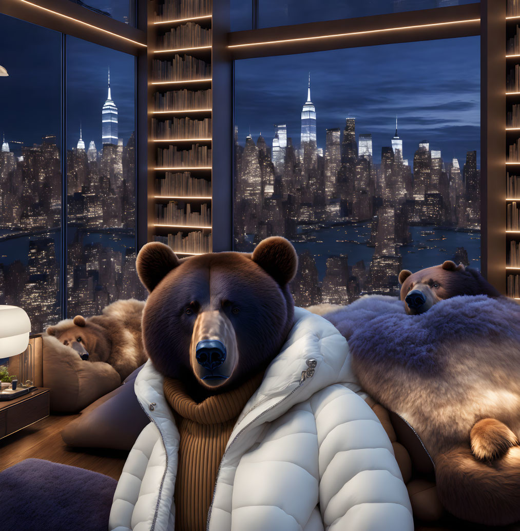 Bear wearing puffy winter jacket in NYC Apartment