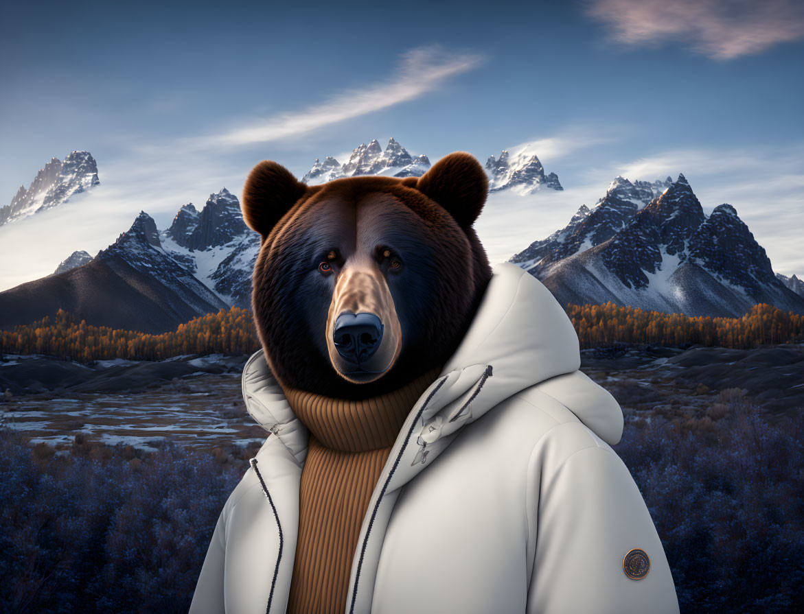 Bear chilling in the mountains with winter jacket 