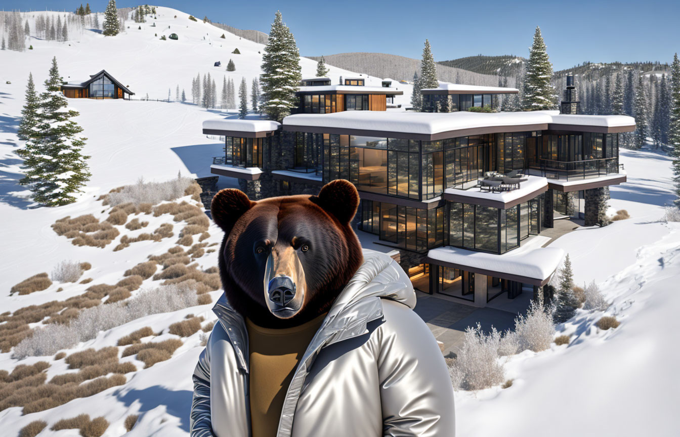 Bear in front of Mansion in the snow 