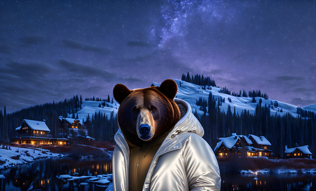 Bear wearing sleek jacket in the winter