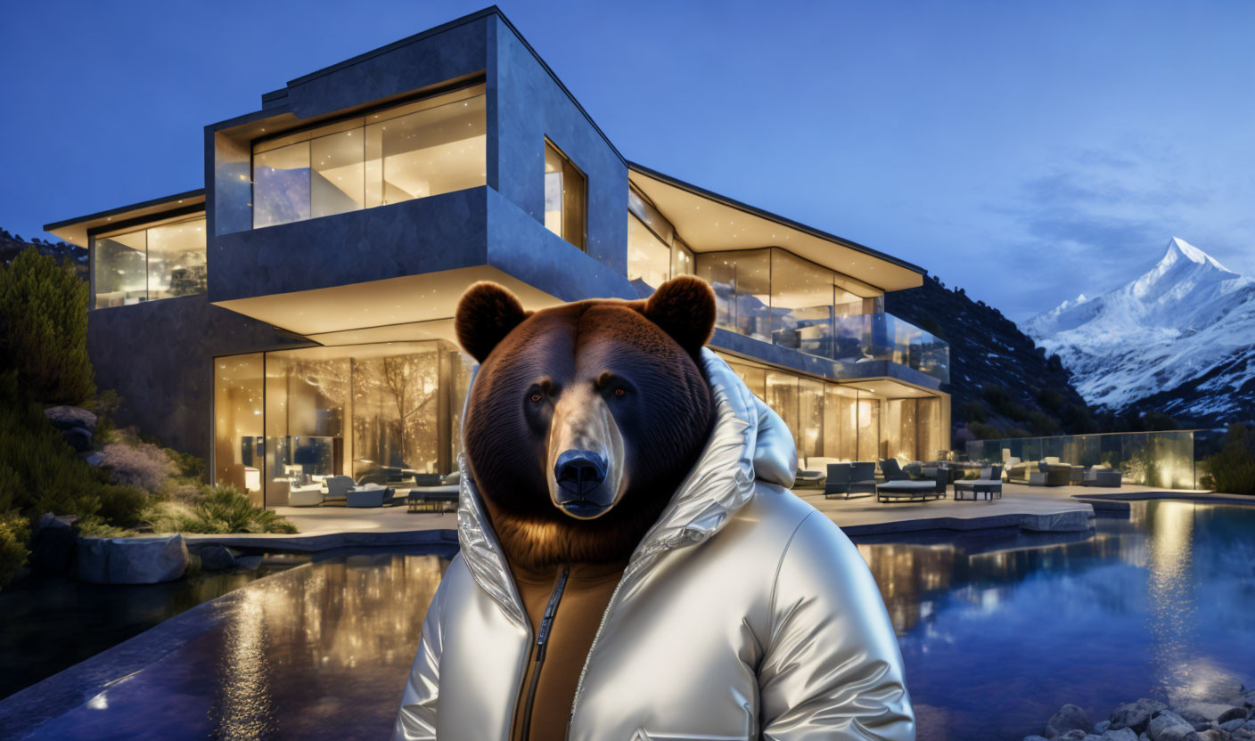 Bear wearing winter jacket in front of modern Home