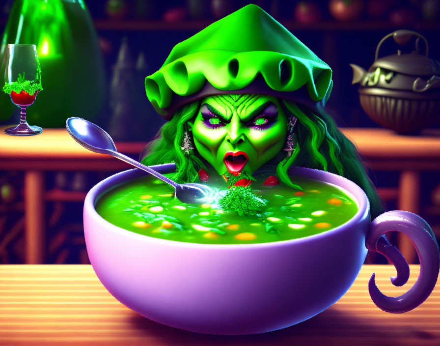 Green witch stirring cauldron in spooky ambiance