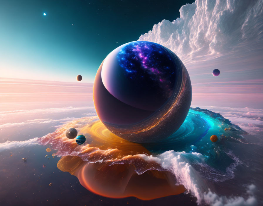 Marble planets floating in a heavenly ocean