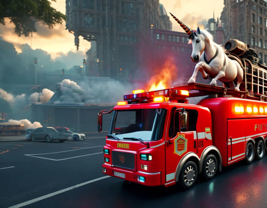 Unicorn in a fire truck
