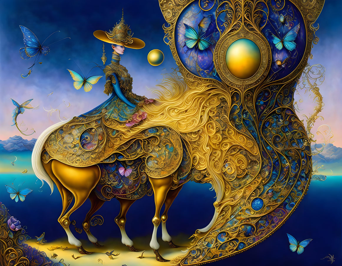 Golden horse and rider with ornate designs in whimsical illustration