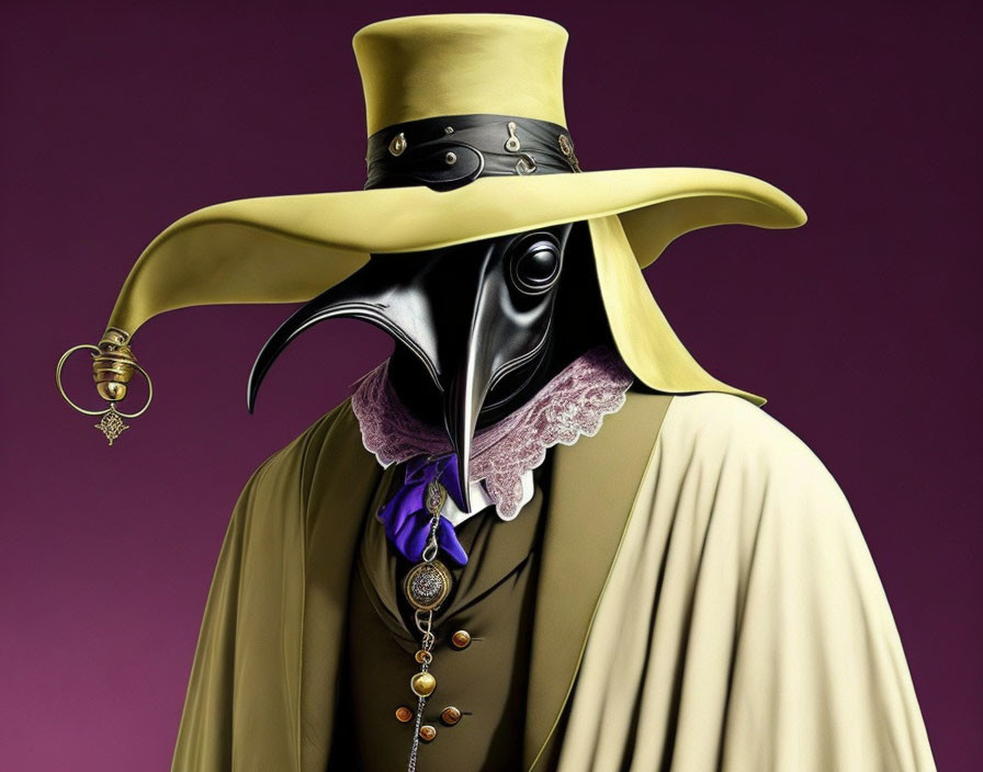 Detailed illustration of figure in plague doctor mask with hat, lace collar, cloak.