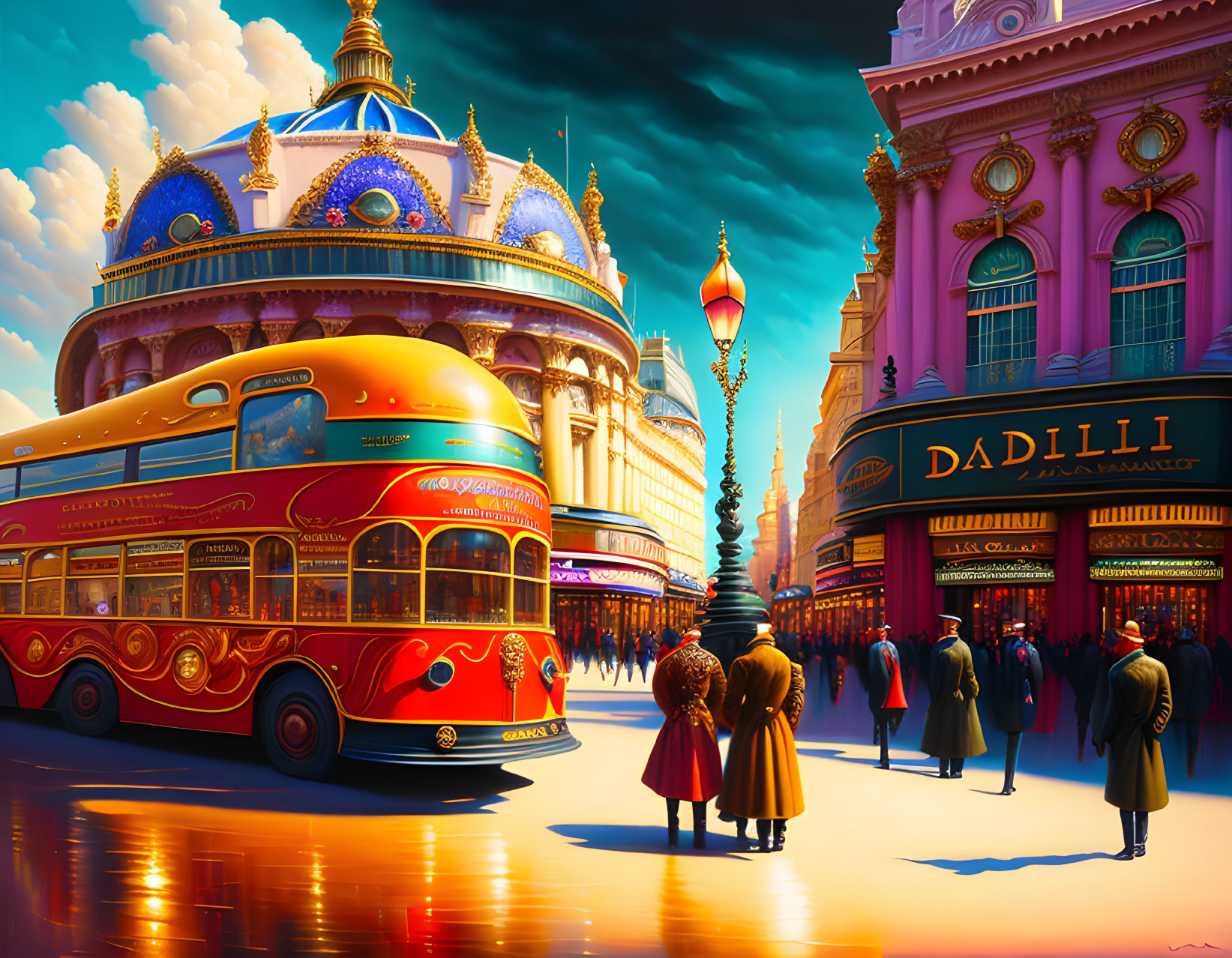Colorful cityscape with red double-decker bus and vintage-clad people under blue sky