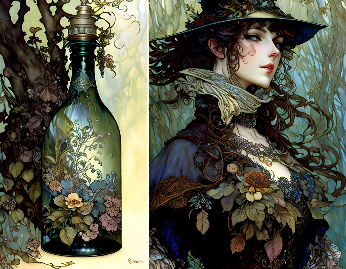 Floral-themed diptych with bottle and woman in hat