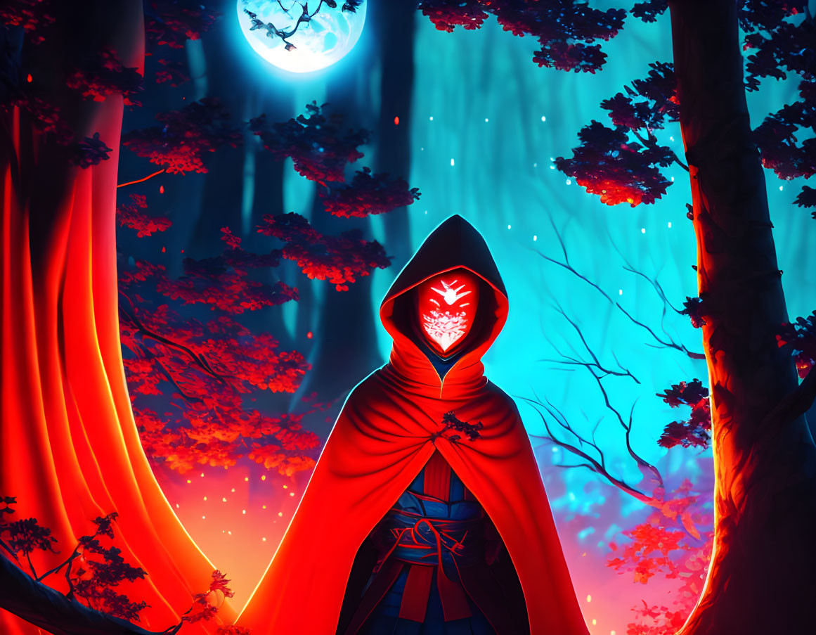 Mysterious figure in red cloak with glowing mask in mystical forest at night