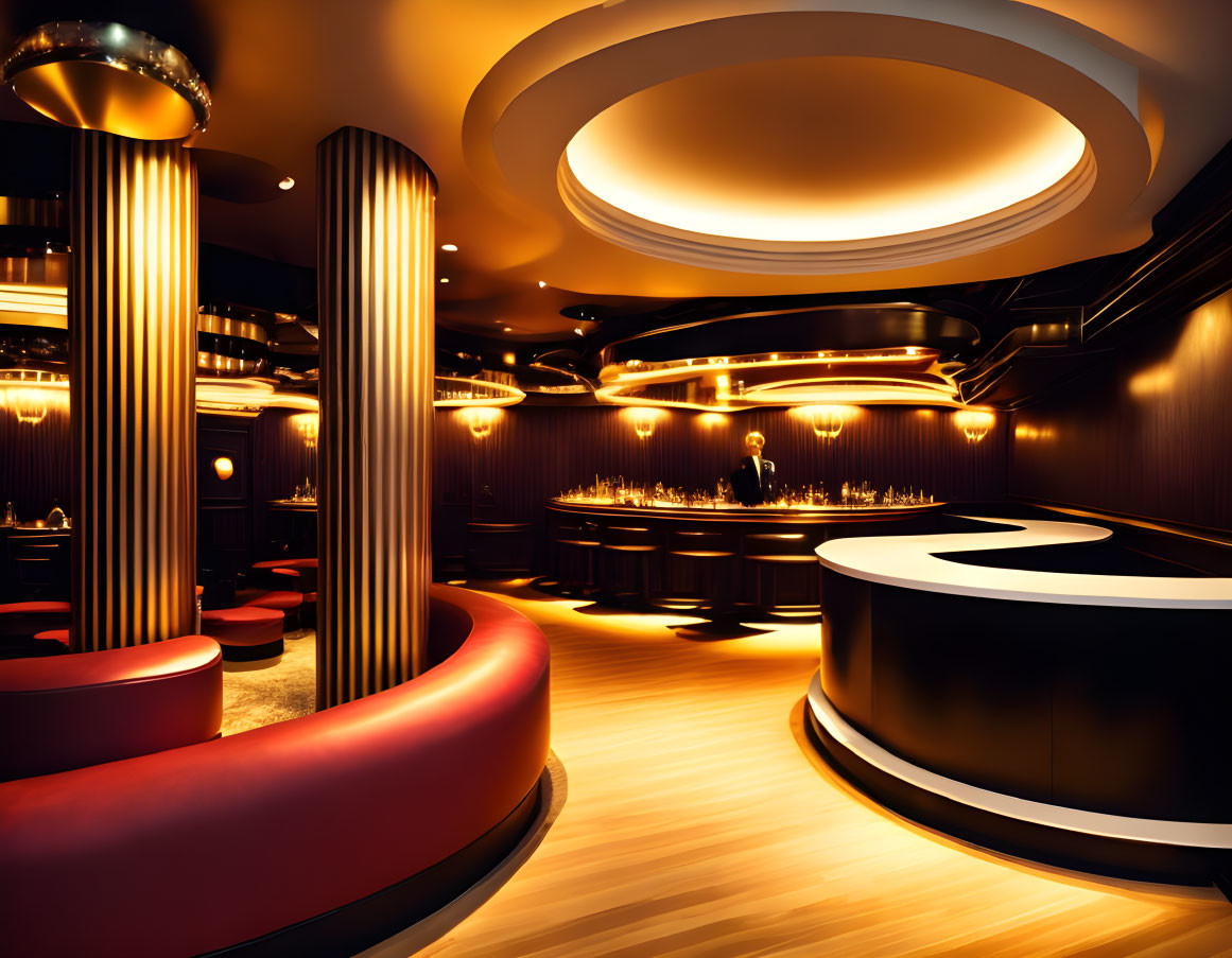 Modern bar interior with circular ceiling designs, dark wood paneling, red seating, and stylish lighting