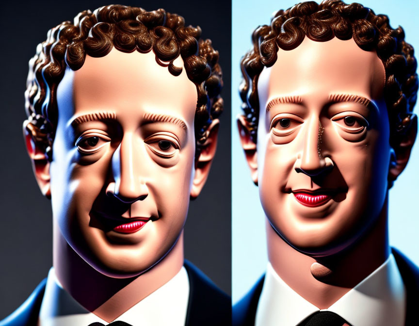 Cartoonish dual portrait of man with curly hair in suit & tie