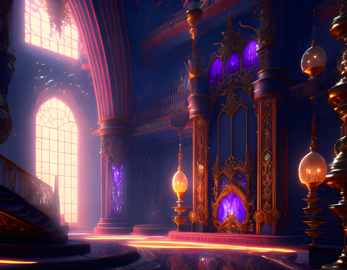 Opulent Gothic fantasy interior with purple and gold hues