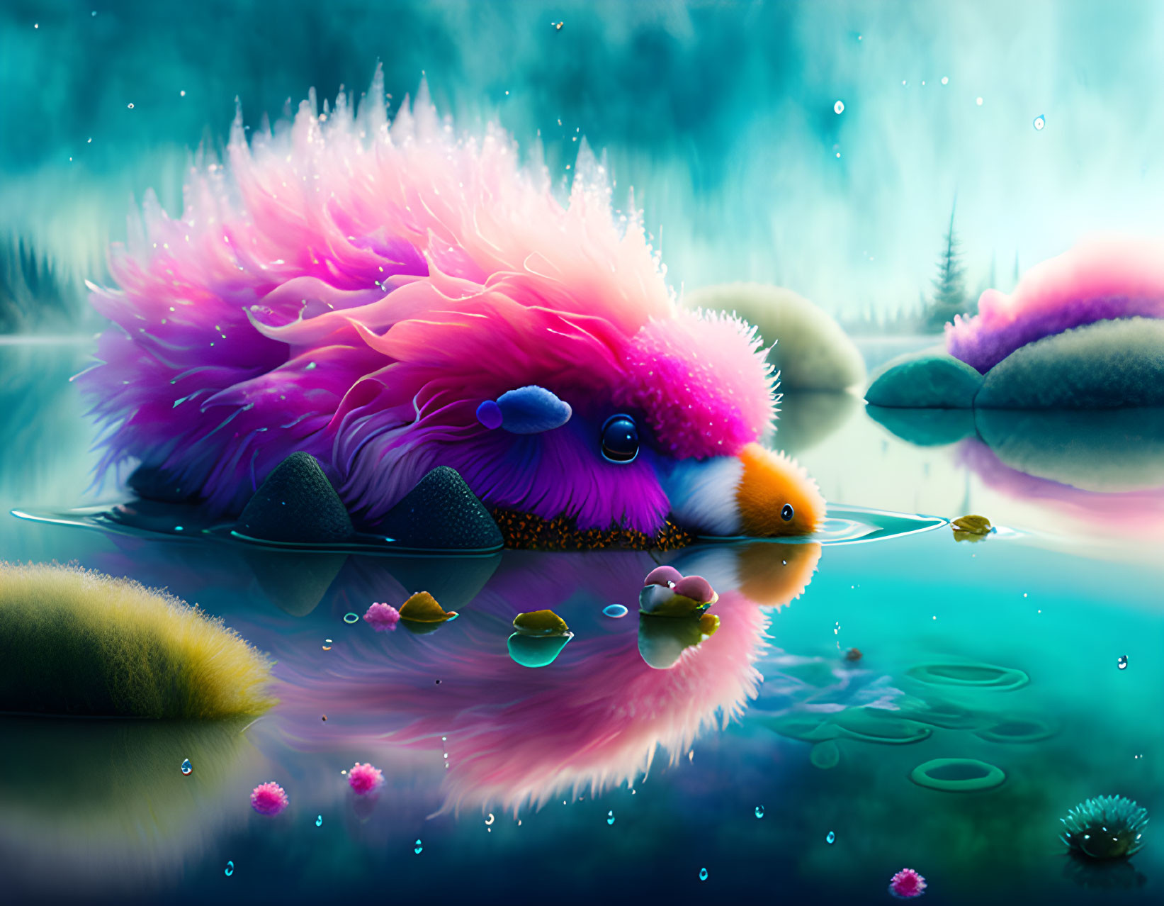 Colorful Fluffy Creature Resting by Serene Lake