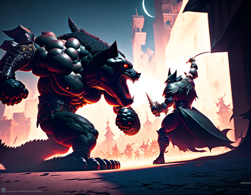 Fantasy showdown: wolf creature vs. knight with glowing sword