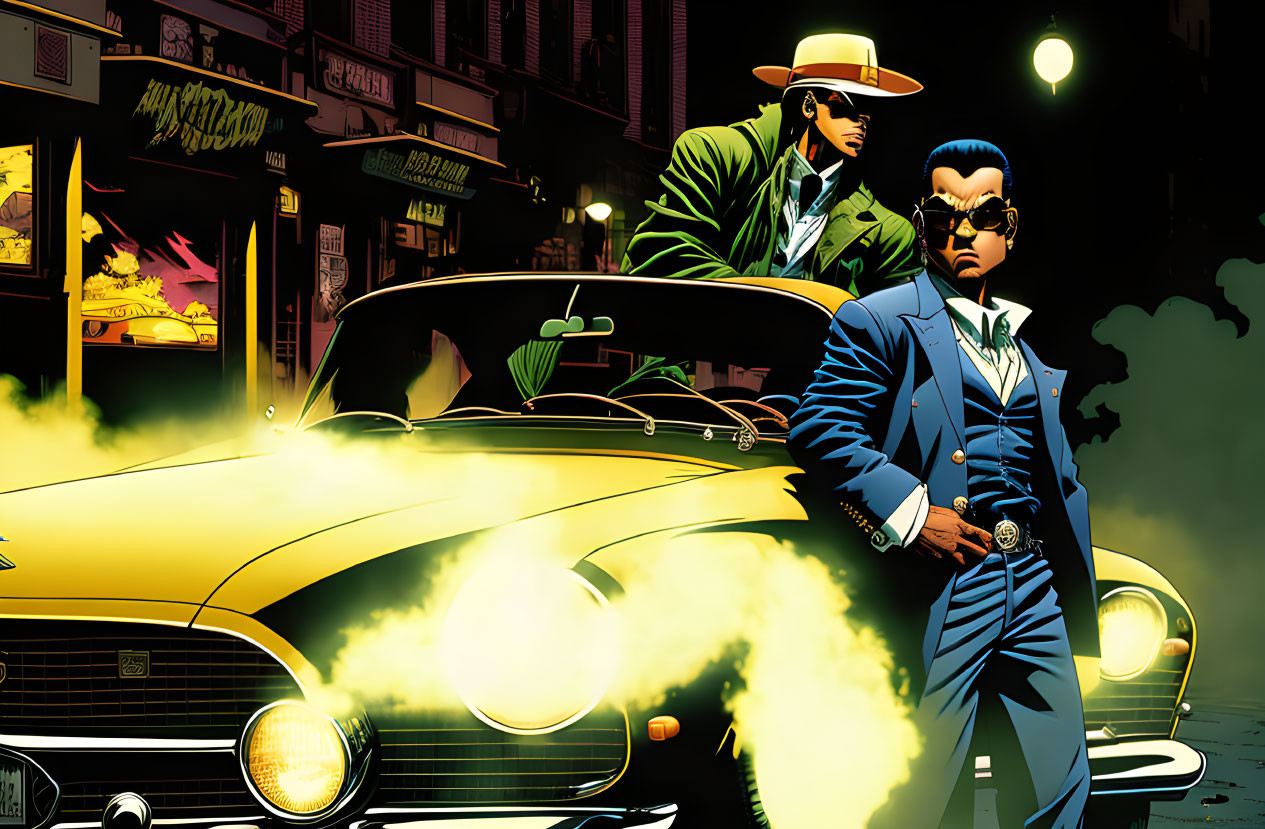 Stylized comic book illustration of two men in suits with a classic car on a city street at