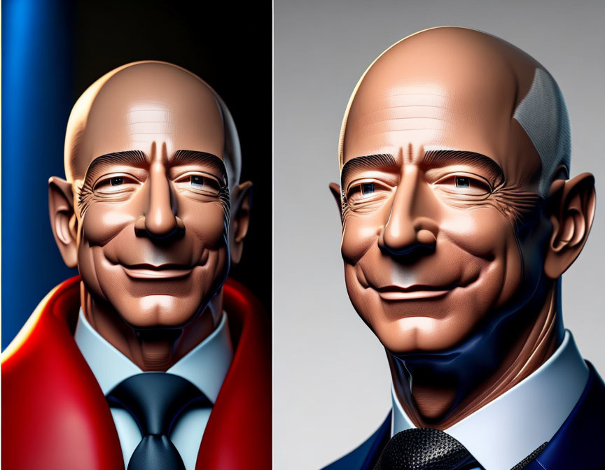 Stylized digital illustrations of bald man in suit and superhero cape