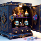 Navy Blue Ornate Cabinet with Open Door and Decorative Objects