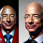 Stylized digital illustrations of bald man in suit and superhero cape