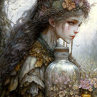Fantasy illustration of woman with ornate headwear and lantern in ethereal forest