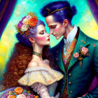 Romantic Victorian-era couple illustration with vibrant colors and floral accents