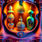 Symmetrical 3D artwork with decorated eggs and vases in ornate frame