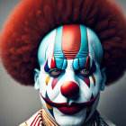 Colorful Clown with Red Wig and Face Paint on Grey Background