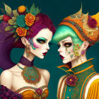 Stylized women with elaborate hairstyles and rich headdresses on teal background