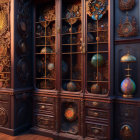 Ornate wooden cabinet with decorative globes and celestial models in dimly lit room