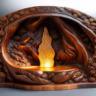 Detailed Wooden Fireplace with Foliage and Pinecone Motifs