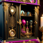 Gothic cabinet with gilded accents, skulls, clock, spheres, and candle on purple background