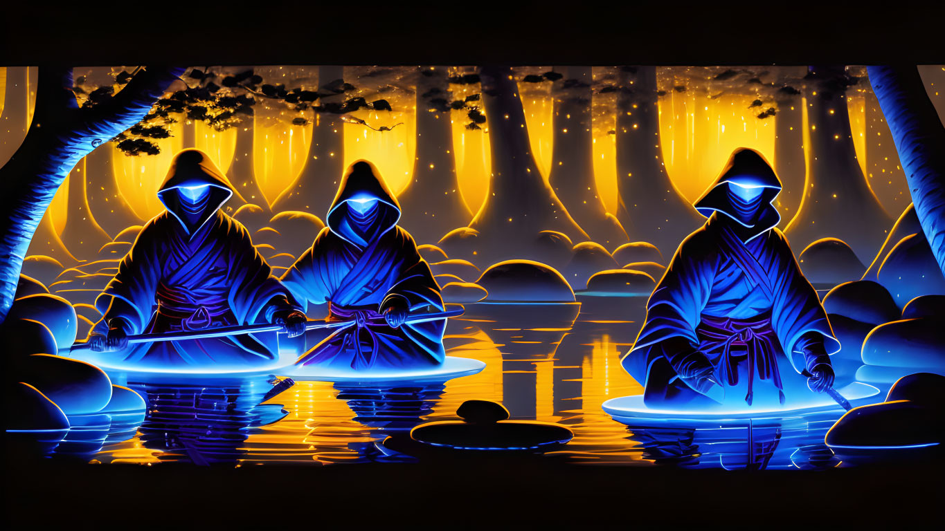 Three cloaked figures on glowing rafts in serene starlit waterscape