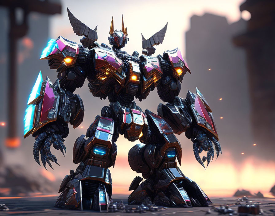 Intricate armored robot in rocky landscape at dusk