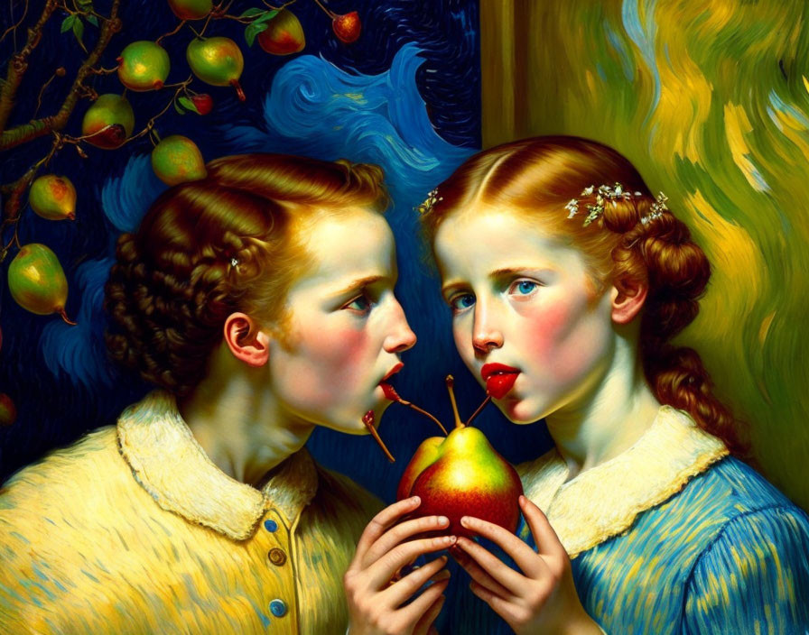 Two girls with braided hair and fruit, surrounded by colorful swirls.
