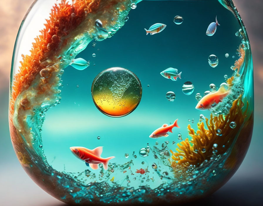Colorful aquatic ecosystem in round glass terrarium with orange fish, bubbles, and underwater flora.
