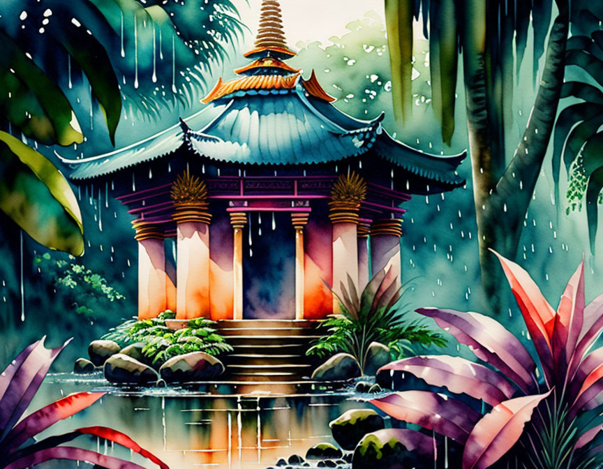 Serene Asian temple scene with lush greenery in watercolor