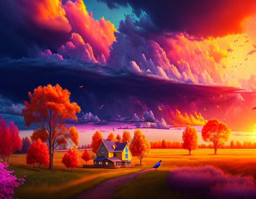 Colorful landscape with house under dramatic sunset sky