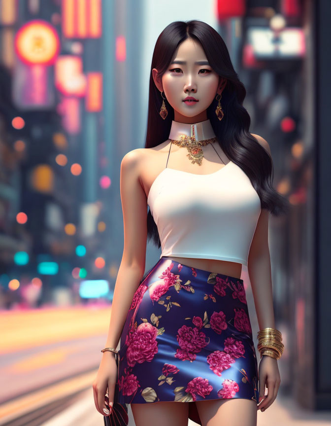 Digital art of stylish woman with long hair in white top and floral skirt on city street with neon signs