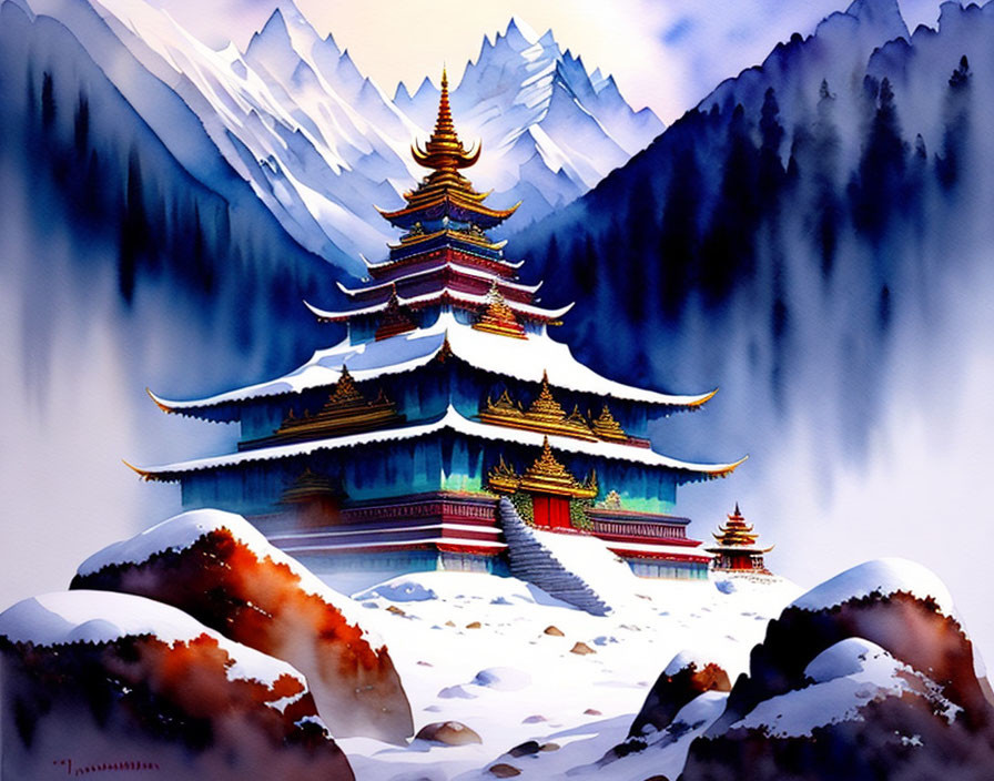 Snowy Mountain Landscape with Multi-Tiered Pagoda and Small Structures