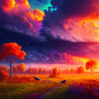 Colorful landscape with house under dramatic sunset sky