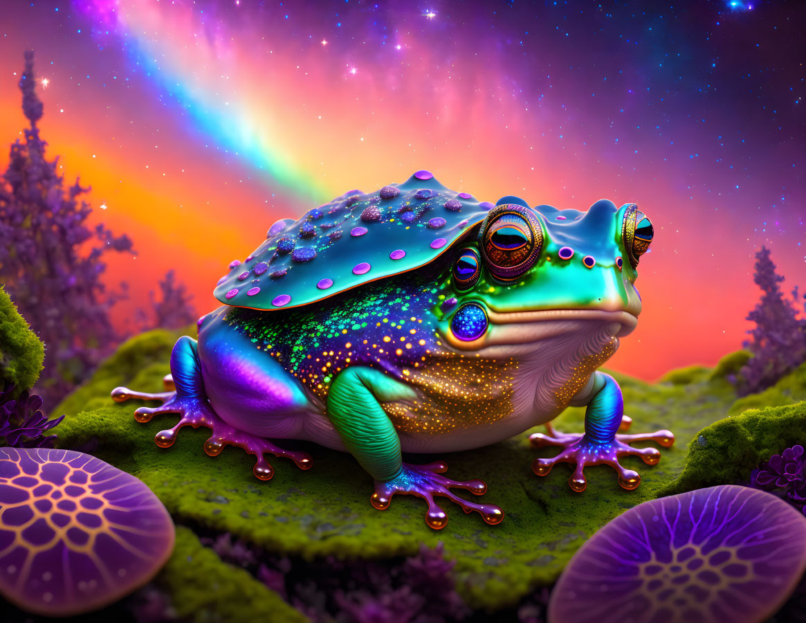 Colorful Digital Artwork: Fantastical Frog with Jeweled Textures in Enchanted Setting