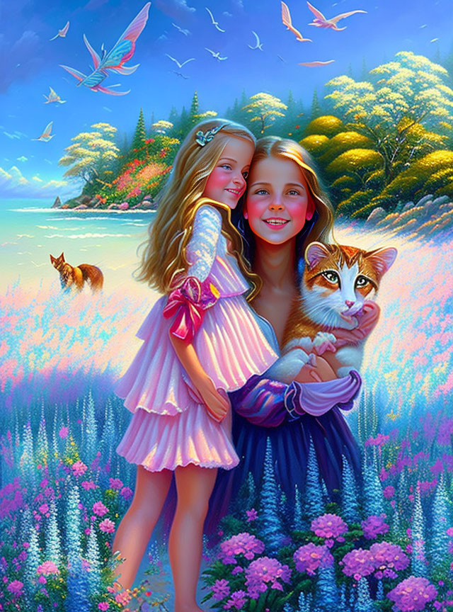 Smiling girls in pink dresses with cat, flowers, beach, and fox in vibrant image