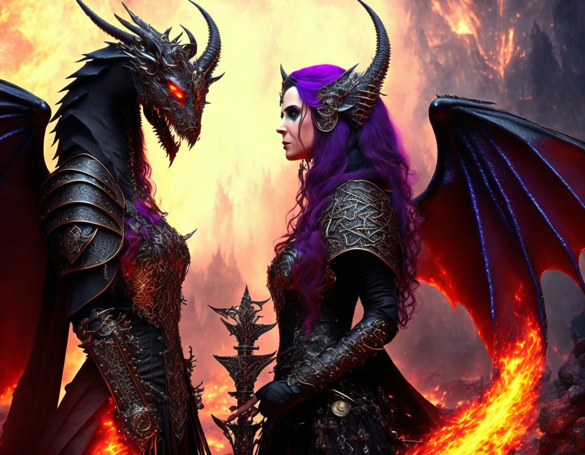 Dragon-like creature and woman in dark armor against fiery backdrop