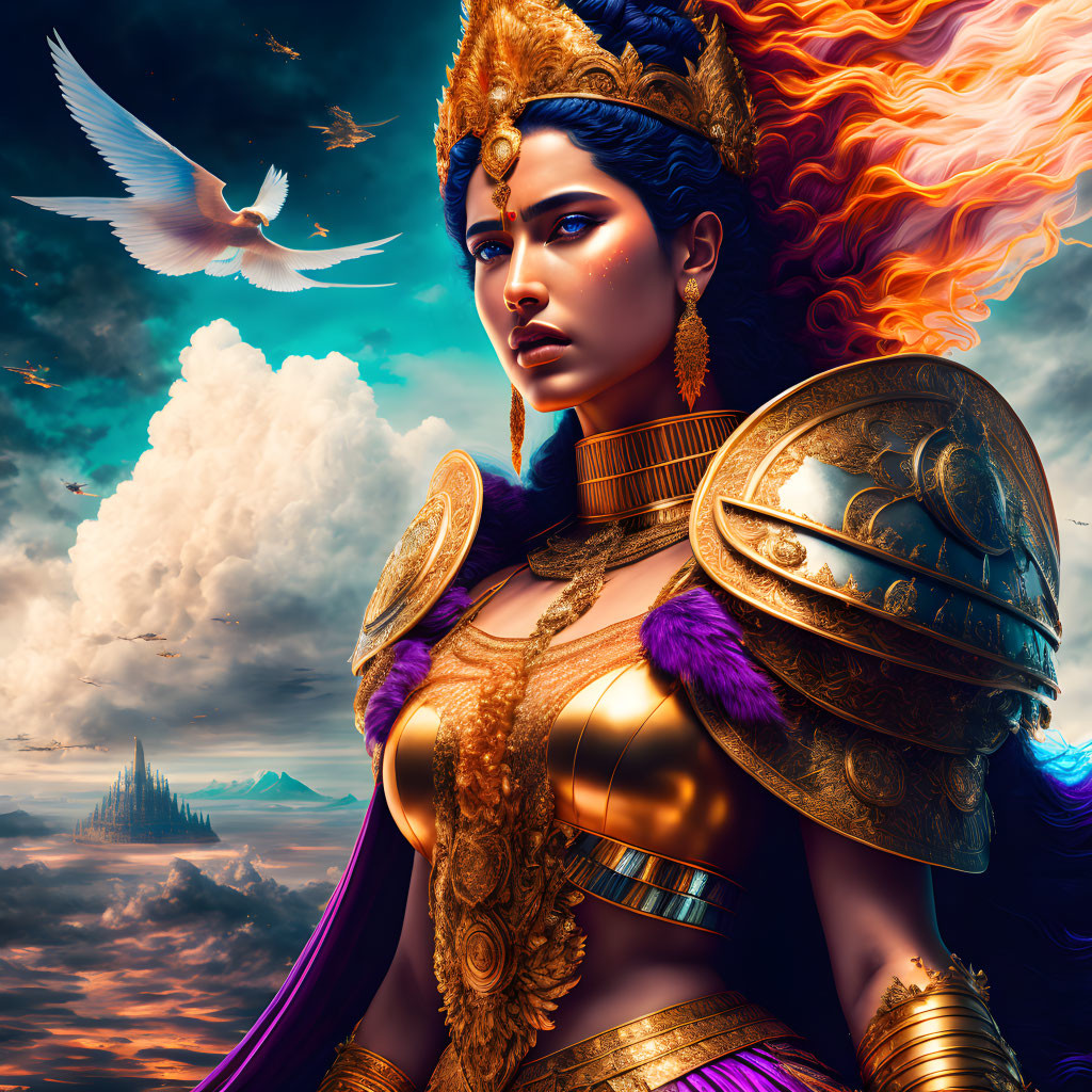 Warrior woman in golden armor under dramatic sky with fiery hair, white dove, and helmet.