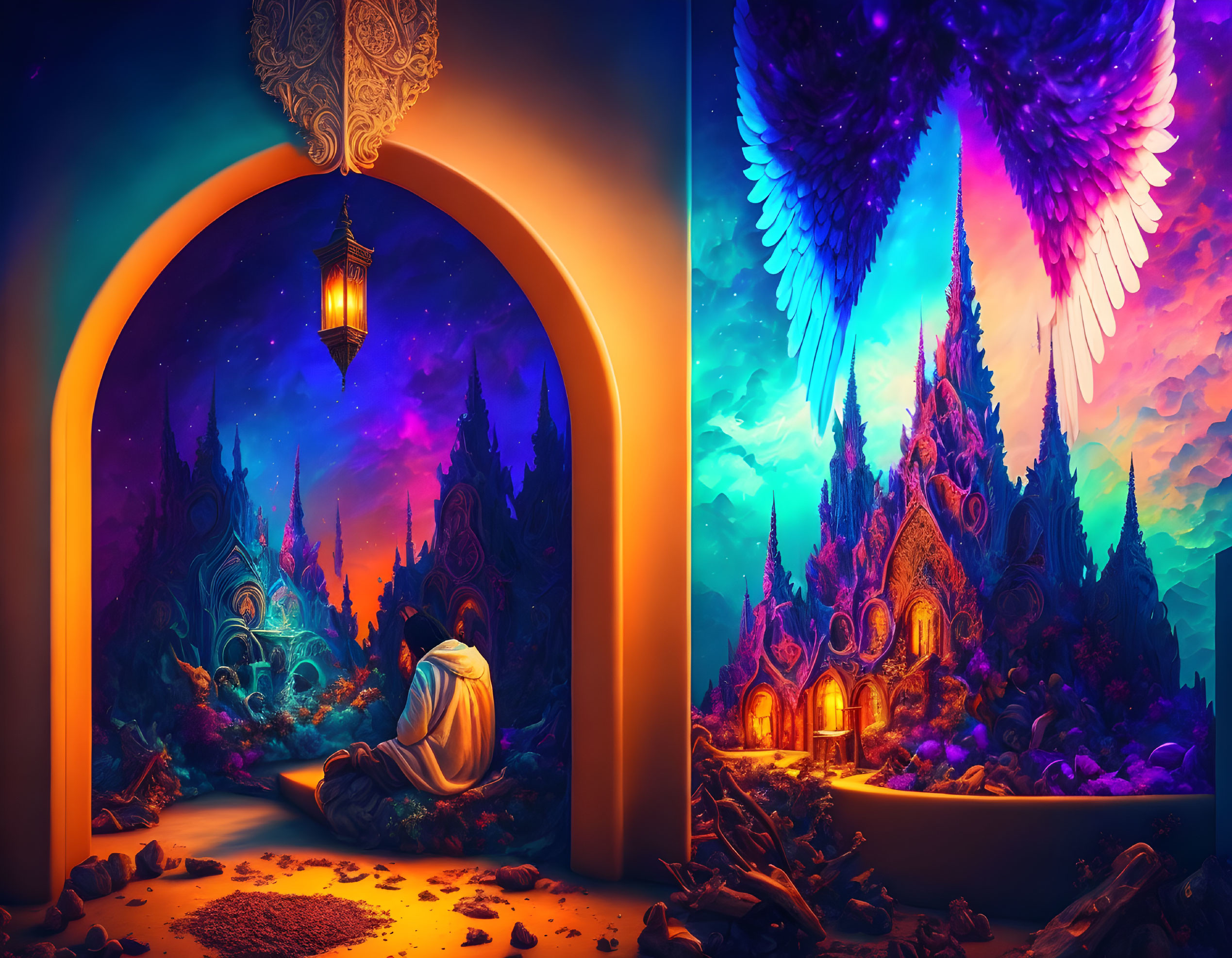 Cloaked figure at colorful archway gazes at mystical landscape with iridescent creature