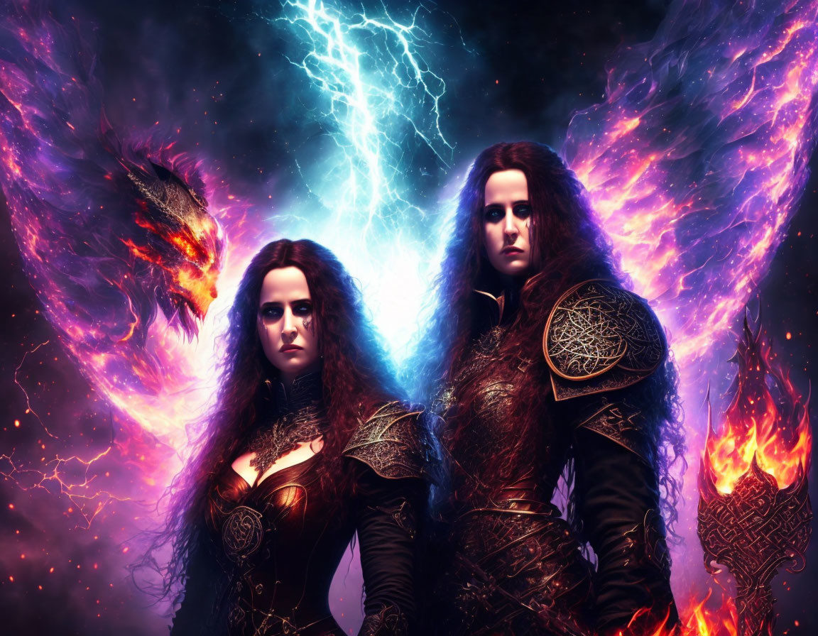 Two women in dark hair and medieval armor in fiery cosmic scene